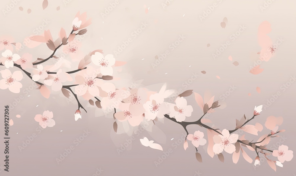  a branch of a blossoming cherry tree with pink and white flowers on a light pink background with a white and black border and a light pink background.  generative ai