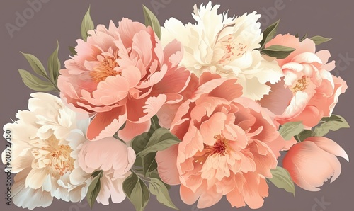 a bunch of flowers that are sitting on a table together in front of a gray background with pink and white flowers on the top of the flowers. generative ai