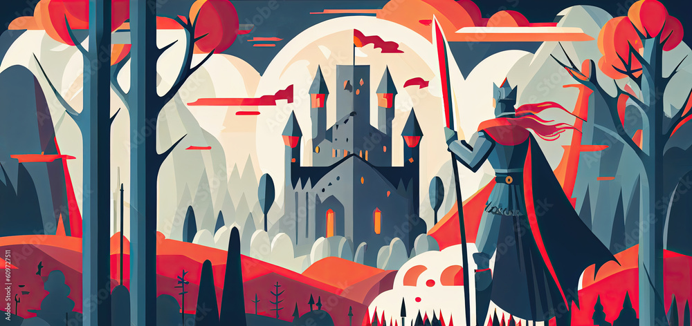 Fototapeta premium Abstract medieval background with castle and knight (Generative AI)