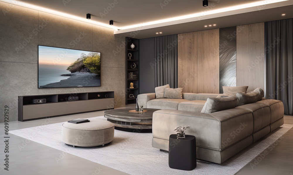 a living room with a large flat screen tv on the wall and a couch and ottoman in front of the tv on the wall and a table with a stool. generative ai a living room with a large flat screen tv on the wall and a couch and ottoman in front of the tv on the wall and a table with a stool. generative ai