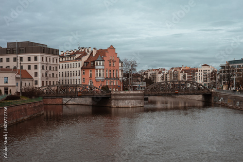 Most Mlynski, Wroclaw. Old buildings beyond the river