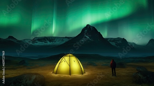 camping under sky with aurora shining