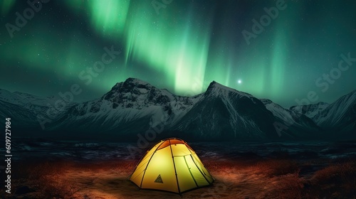 camping under sky with aurora shining