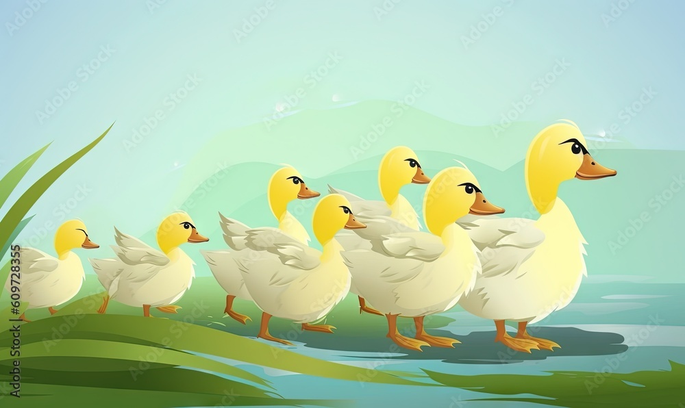 a group of ducks are walking in a line along the water's edge with a blue sky in the background and a green grass in the foreground.  generative ai