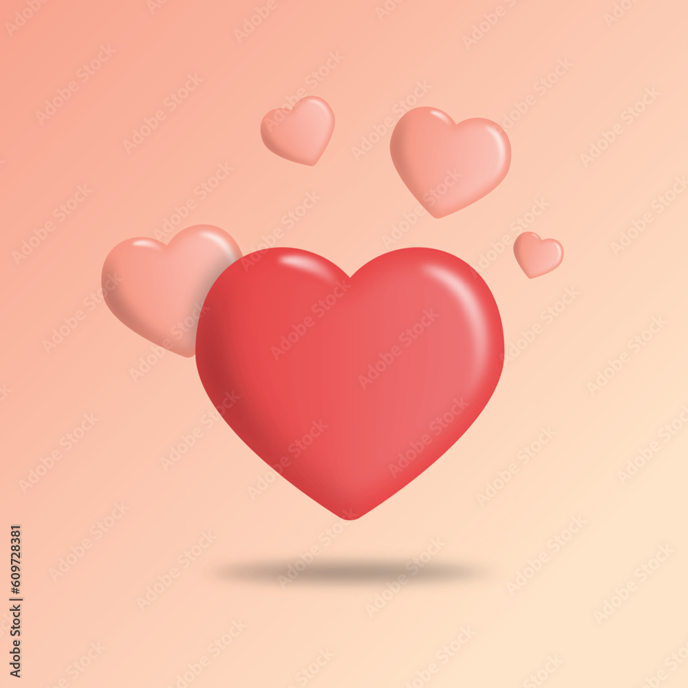 Realistic red heart with pink smaller hearts. 3d Hearts design love symbols. Vector hearts with shadow and highlights.