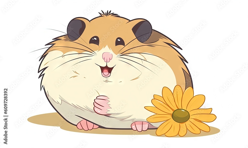 a cartoon hamster sitting next to a flower on a white background with a clipping path to the top right of the hamster's face. generative ai a cartoon hamster sitting next to a flower on a white background with a clipping path to the top right of the hamster's face. generative ai