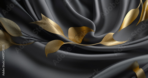 Luxurious Black and Gold Silk Fabric with Flower Motif. Generative AI © Resdika