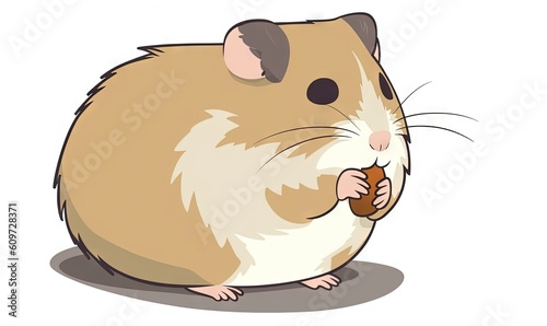  a brown and white hamster eating a piece of food on a white background with a black spot on the side of the hamster's face. generative ai