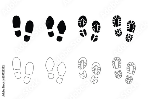 Minimalistic different shoe marks. Four types of shoes traces in filled and linear style vector icons.