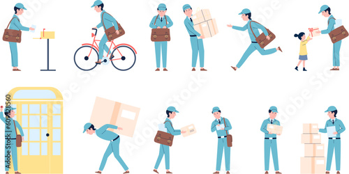 Postman in uniform with letters and parcels. Mail man delivery letter at home. Post social service profession, delivering recent vector characters