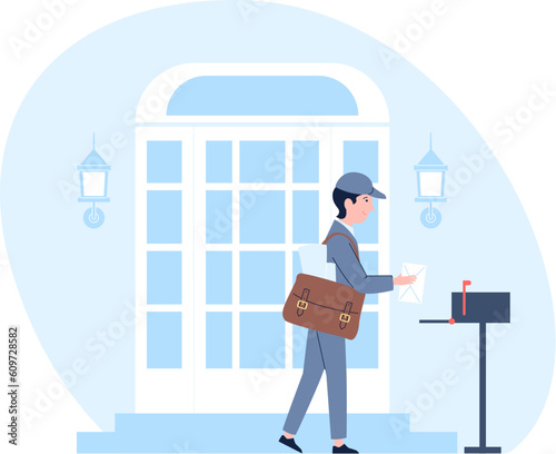 Postman in uniform deliver mail. Delivery envelope, man post worker and message. Social service profession, delivering at address, recent vector scene
