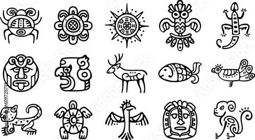 Black mayan totem symbols, ancient ethnic aztec logo. Mexican tribal graphic art, mythology and traditions. Prehistoric culture classy vector elements