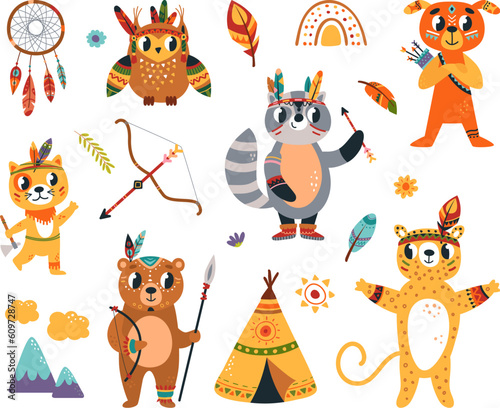Boho tribal cartoon animal. Woodland animals, native americans decoration elements. Cute tribe children characters, classy vector clipart