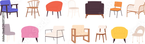 Scandinavian interior chairs and stool. Comfy chair for living room, cabinet, cartoon decor elements. Isolated armchair, racy furniture vector set