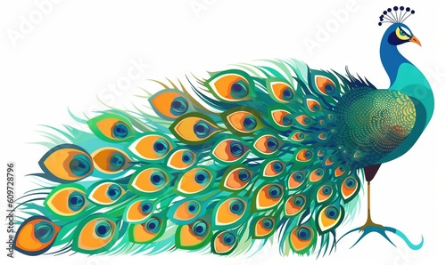  a colorful peacock with feathers spread out on a white background with a blue tail and tail feathers spread out, with a white background with a.  generative ai