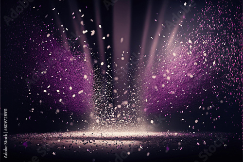 Abstract background with purple bokeh, confetti rain on festive stage with light beam in the middle, empty room at night mockup