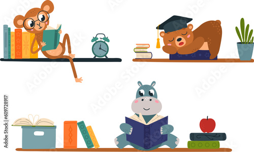 Bookshelves and reading animals with books piles. Hippo and monkey read, cute bear sleep on book. Study, library and education vector set