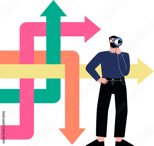 Colorful confused arrows, direction or infographic element. Choose your way poster, arrow point maze vector background