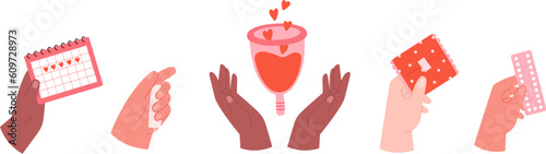 Hands holding female hygiene tools, menstruation cycle supplies. Pads and tampon, menstrual cup and calendar. Gynecology, woman health vector set
