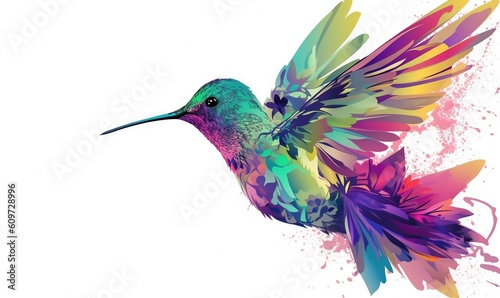  a colorful hummingbird flying in the air with its wings spread out and its wings spread wide  with a splash of paint all over its body.  generative ai