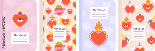 Notebooks cover design, mexican hearts sacred elements. Red heart with wings, fire and flowers. Decorative racy graphic templates vector set