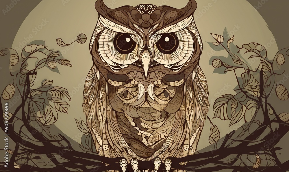 Fototapeta premium an owl is sitting on a branch in front of a full moon with leaves and branches in the foreground, with a full moon in the background. generative ai