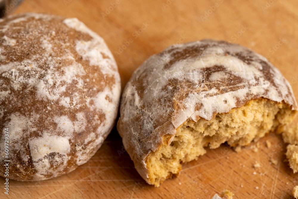 Powdered sugar gingerbread on the table Powdered sugar gingerbread on the table