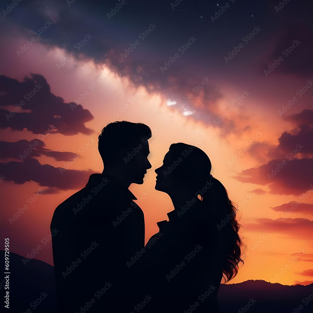 silhouette of couple kissing at sunset 