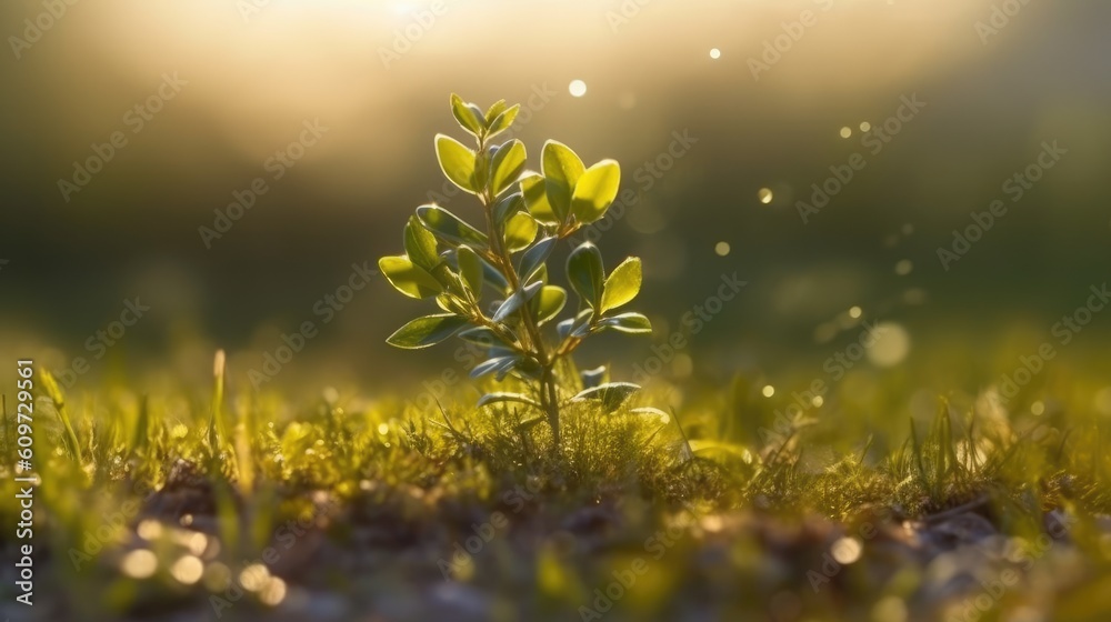 grass and little sprout of a plant, light reflection and bokeh, backlight scene, generative ai