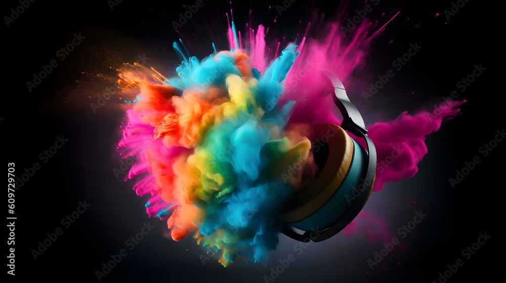 colorful ink smoke explosion with headset, ink explosion game headset, generative ai