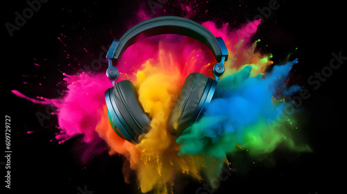 colorful ink smoke explosion with headset, ink explosion game headset, generative ai