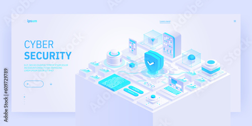 Cyber security concept. Antivirus, encryption, cloud data protection. Software development. Safety internet. Online information protect. Digital technology isometric vector background.