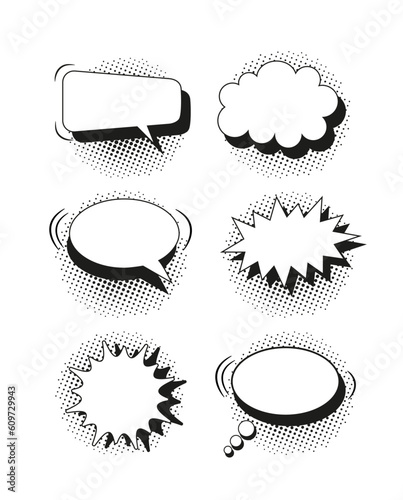 Funny message shapes. Cartoon speech bubbles. Comic pop art balloons with halftone shadow. Star burst clouds. Set of chat bang clouds with dots. Vector illustration.