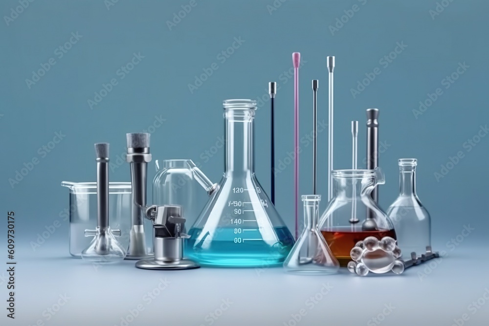 Close up photo of chemical glassware. Generative AI
