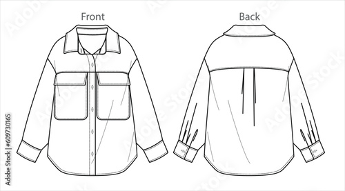 Vector drop shoulder jacket with pockets fashion CAD, woman long sleeve shirt technical drawing, sketch, template, flat, mock-up. Woven fabric top with front, back view, white color