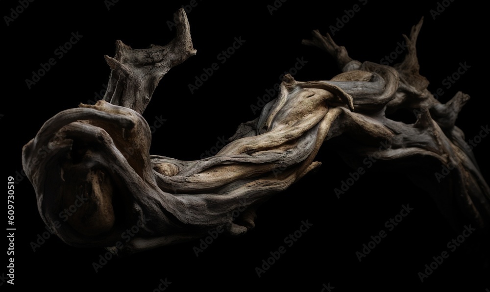 a piece of driftwood that looks like it has been cut in half and is black in the background, with a black background of the image of a piece of driftwood. generative ai a piece of driftwood that looks like it has been cut in half and is black in the background, with a black background of the image of a piece of driftwood. generative ai