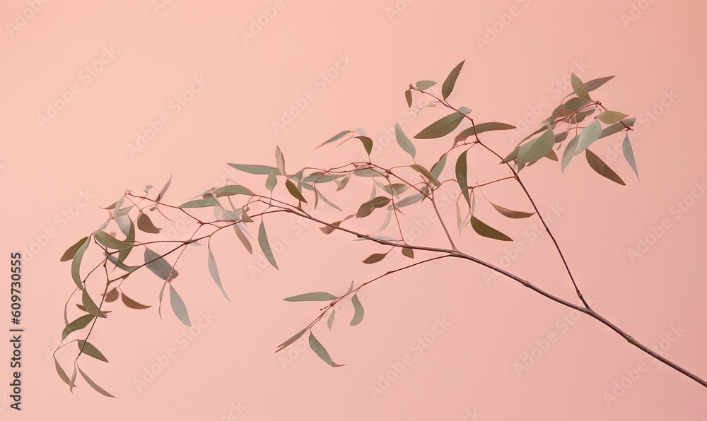Obraz premium a branch with green leaves on a pink background with a pink sky in the backround of the picture is a pink background with a light pink wall. generative ai