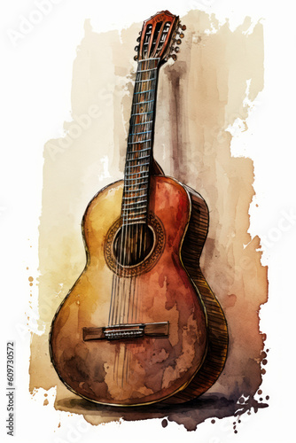 Close-up of an acoustic guitar. Watercolor. Classical guitar on a musical score. Generative AI.