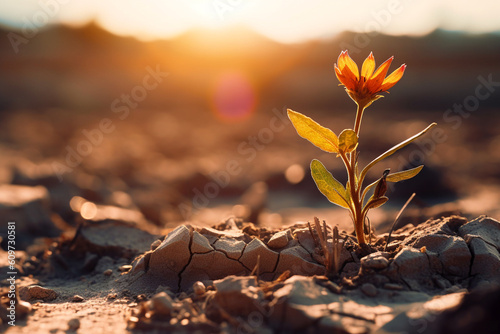 A sprout growing from drying, cracked soil in the rays of sunset. Selective focus. Low viewing angle. AI generated. Generative AI © Nataliia