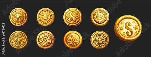 Vector gold coins set, isolated on black background. Eps10 vector illustration.
