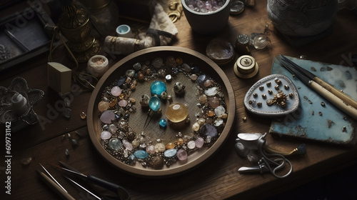 Antique jewelty making, Gemstones, image created by Generative AI