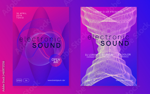 Neon dj flyer. Electro dance music. Electronic sound event. Club fest poster. Techno trance party.