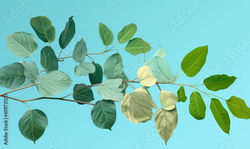  a branch with leaves and a blue sky in the background with only one green leaf on the branch and the other green leaf on the branch.  generative ai