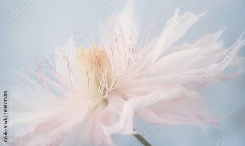  a large pink flower with white petals on a light blue background with a blurry image of a flower in the middle of the picture.  generative ai