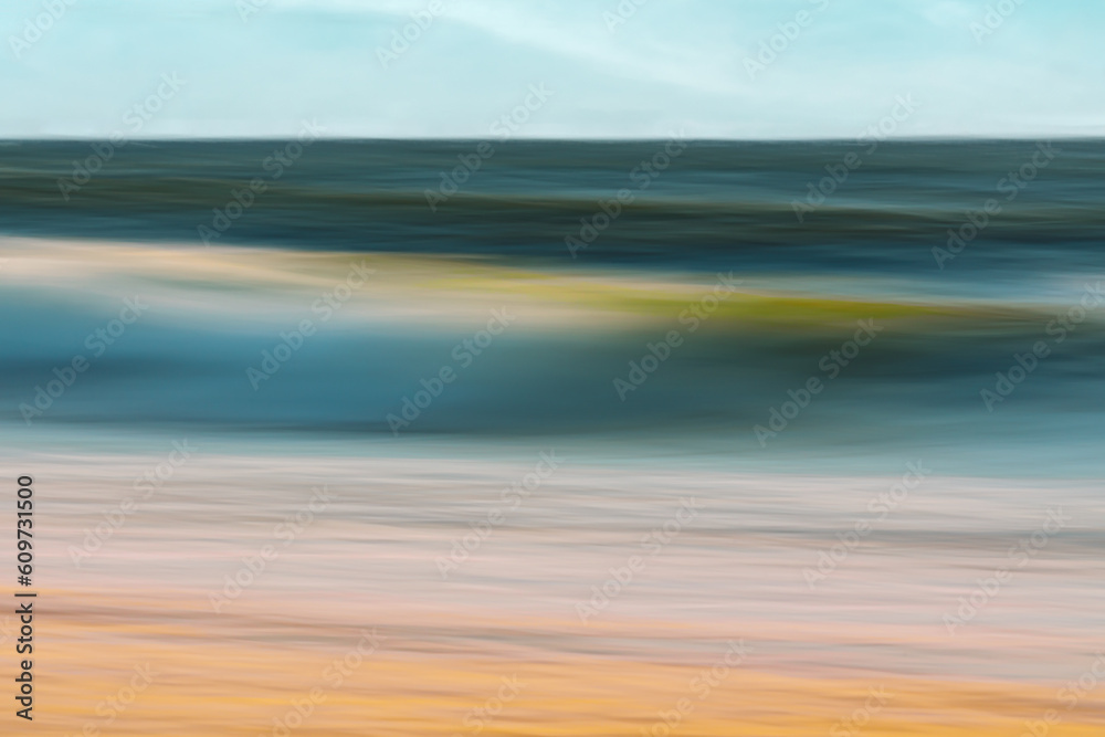Abstract motion blur seascape. Bright sunny day on the beach, line art, copy space