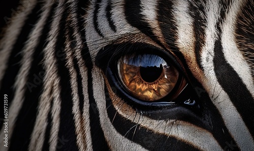  a close up of a zebra s eye with a black and white pattern on it s face and it s iris showing.  generative ai