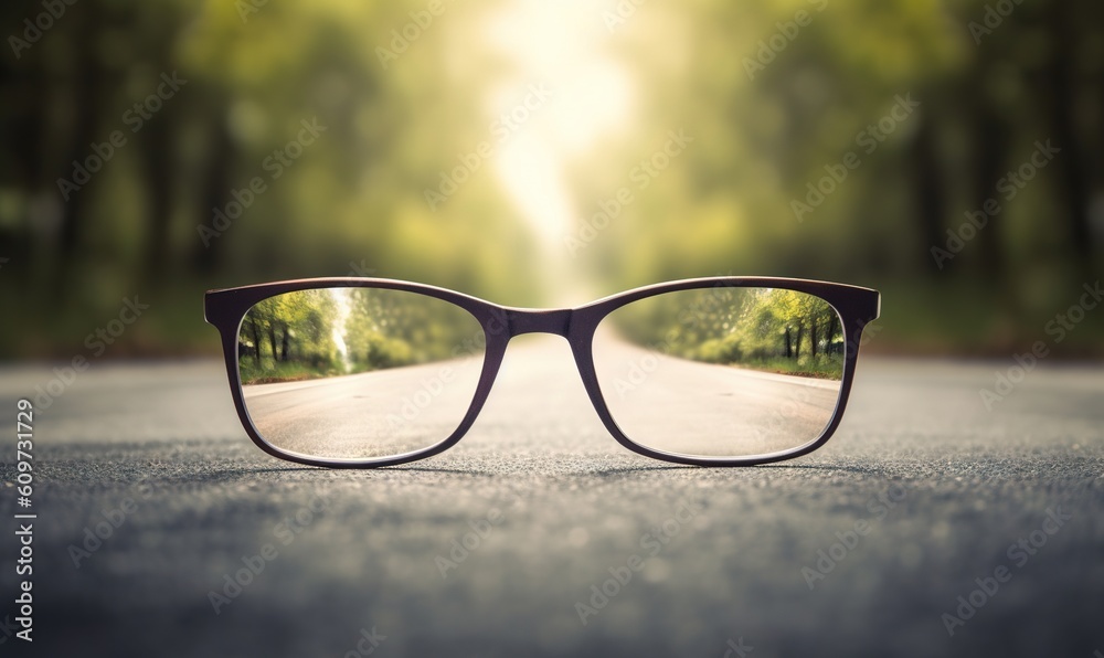  a pair of glasses sitting on the side of a road in the middle of the day with the sun shining through the lens of the glasses.  generative ai