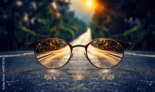  a pair of glasses sitting on the side of a road in the middle of the day with the sun shining through the lens of the glasses.  generative ai © Anna