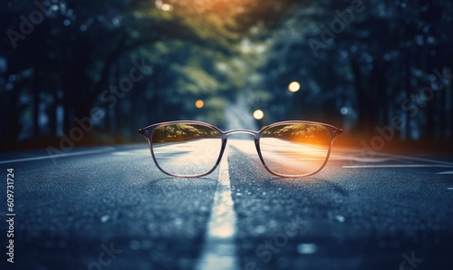  a pair of glasses sitting on the side of a road in the middle of the night with the sun shining through the lens of the glasses. generative ai