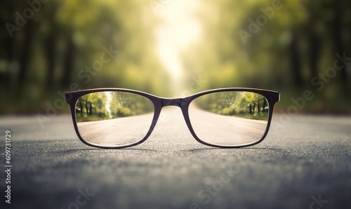  a pair of glasses sitting on the side of a road in the middle of the day with the sun shining through the lens of the glasses. generative ai